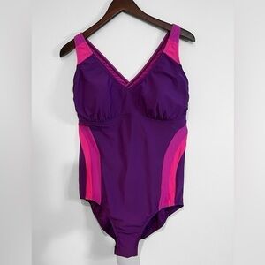 Land’s End Swim Purple & Pink Block Colours One Piece Swim Suit Size 16P.